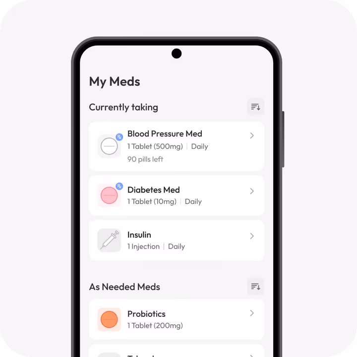 Pillo medication list screen showing active drugs with dose and stock