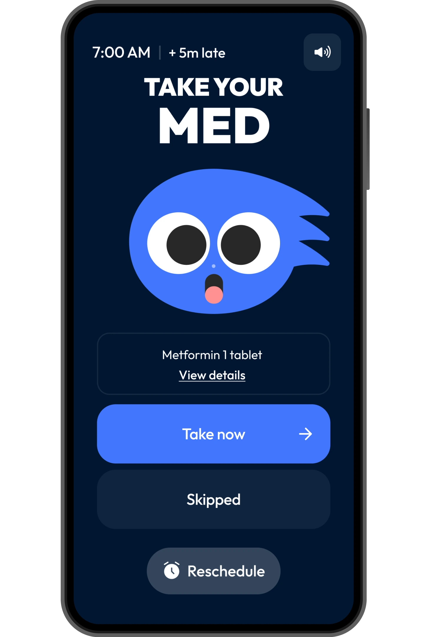 Pillo alarm 5 minutes late — surprised character, Take now button