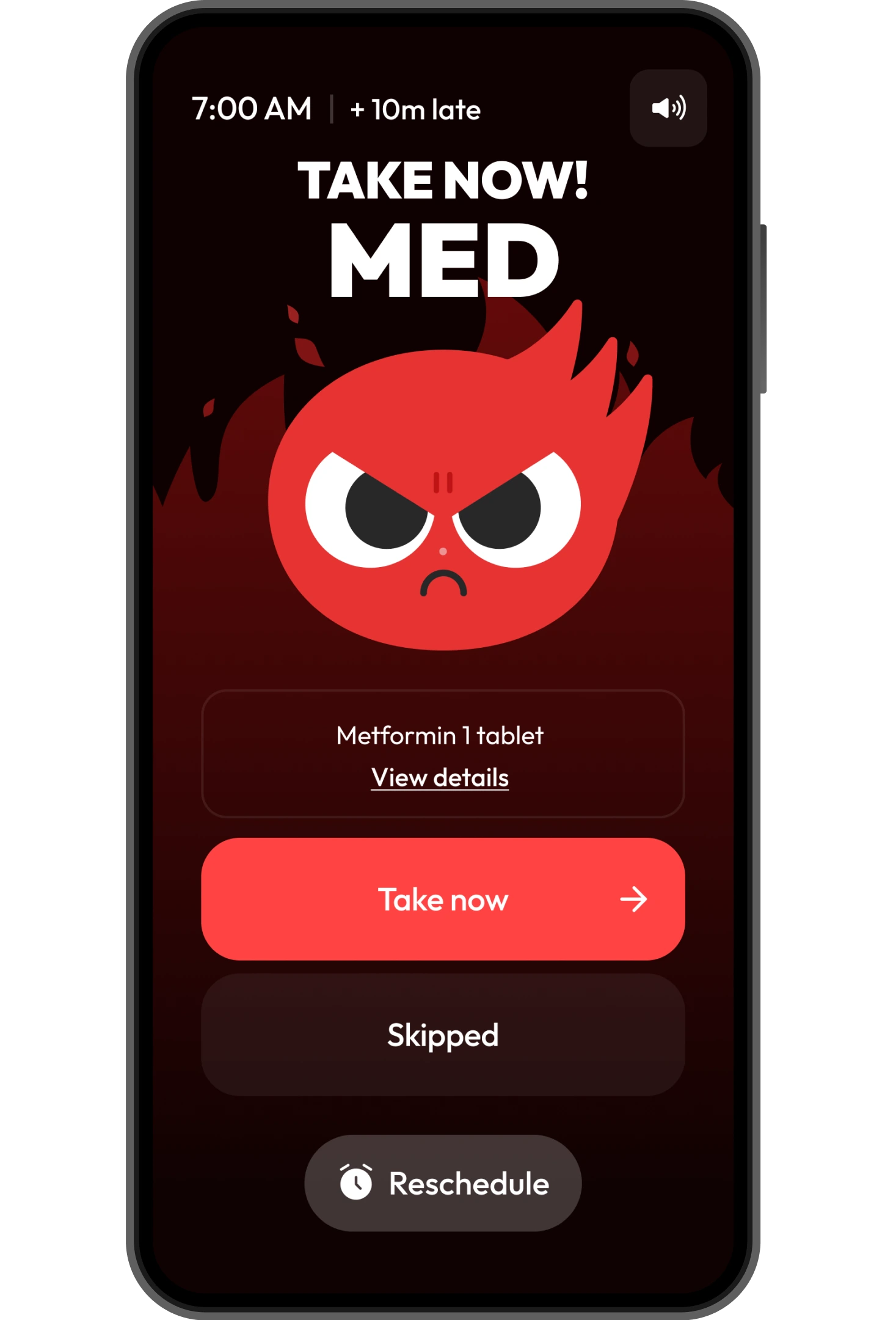 Pillo alarm 10 minutes late — angry red character, Take now button
