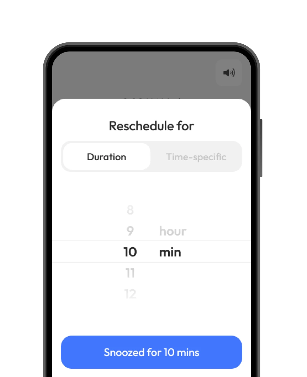 Pillo snooze screen with duration picker, specific time, and location-based snooze