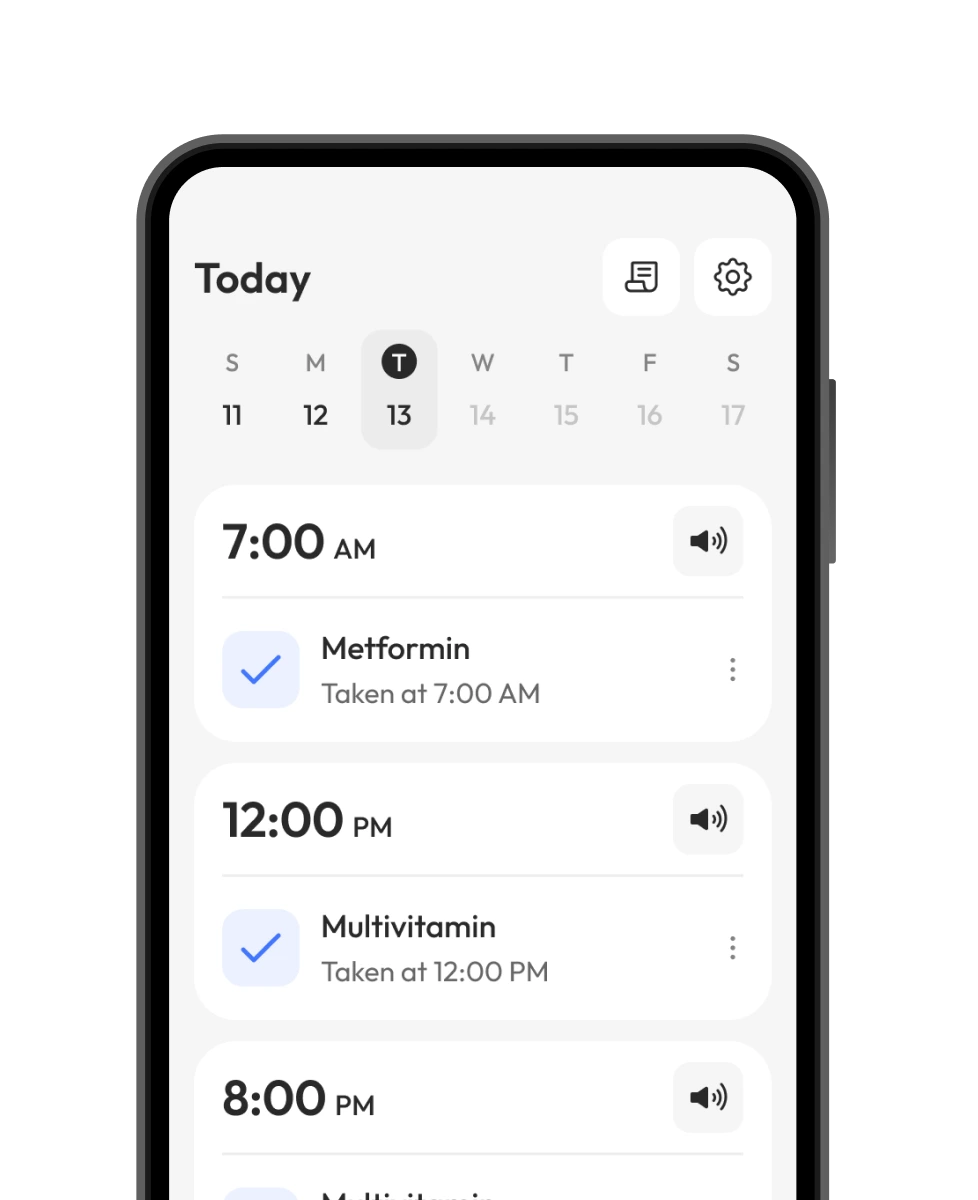 Dose history screen showing completed doses with timestamps
